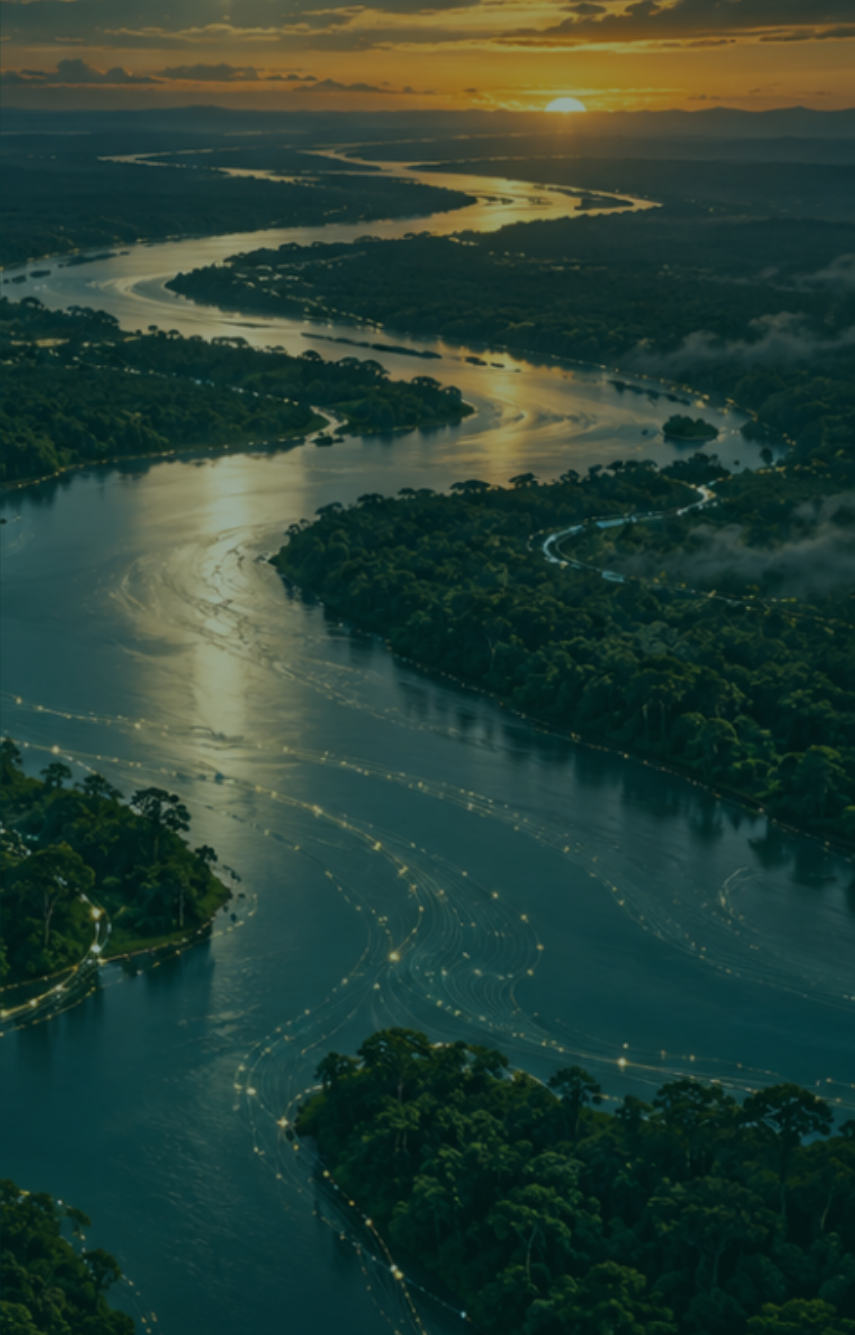 Rio amazônico sob o sol e a lua, imagem da apresentação da marca